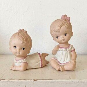 Vintage Arnart Japan Bisque Baby Figurines Set of 2 Pink Twin Girl Piano Babies